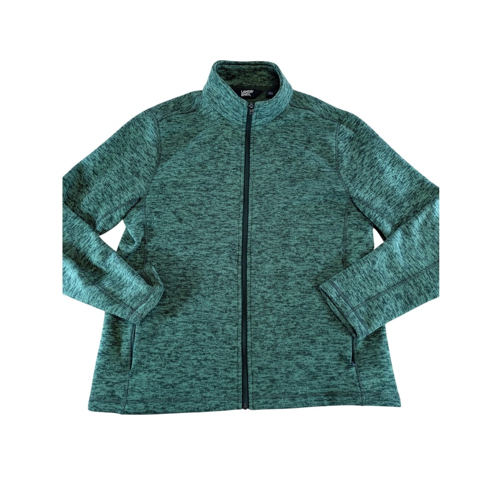 Lands End Mens Large Full Zip Sweater Fleece Jacket Green Heather Mock Neck AO10
